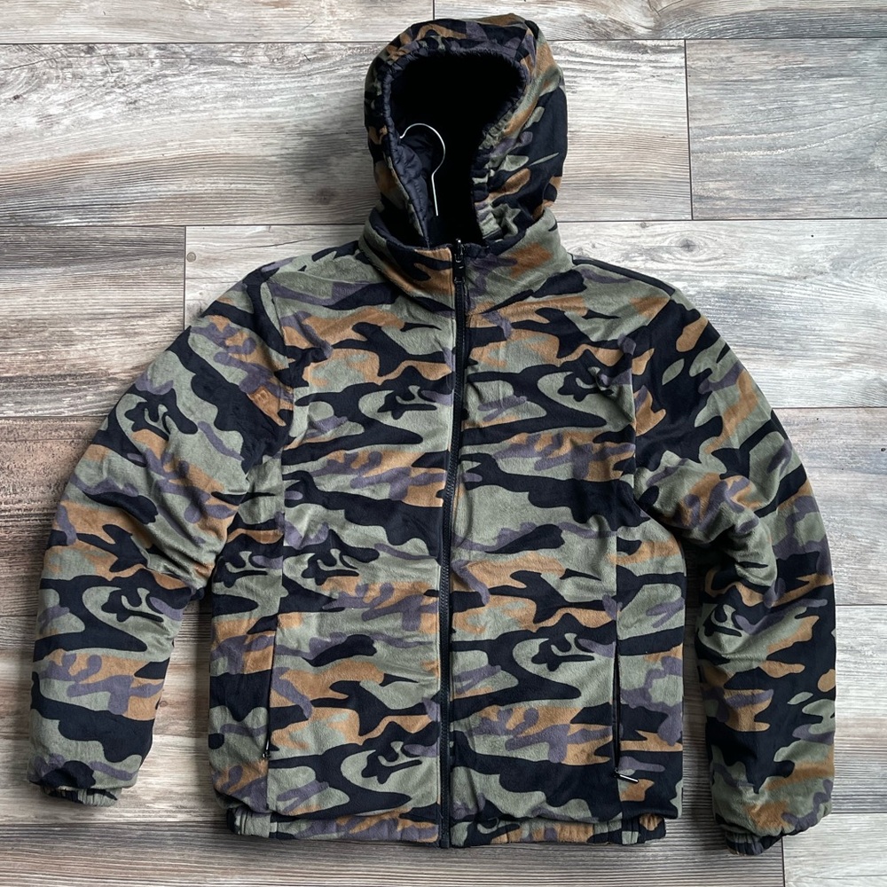 QLZ Kids Size 10 Duck Down Coat Double Sided Jacket Camouflage Removable Hood